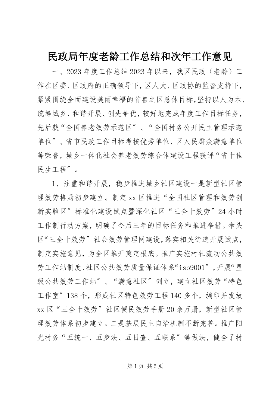 2023年民政局度老龄工作总结和次工作意见.docx_第1页