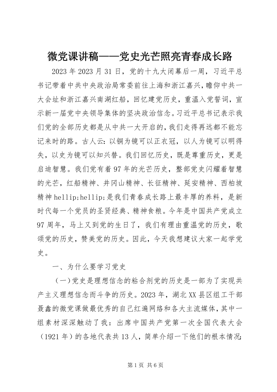 2023年微党课讲稿党史光辉照亮青春成长路.docx_第1页