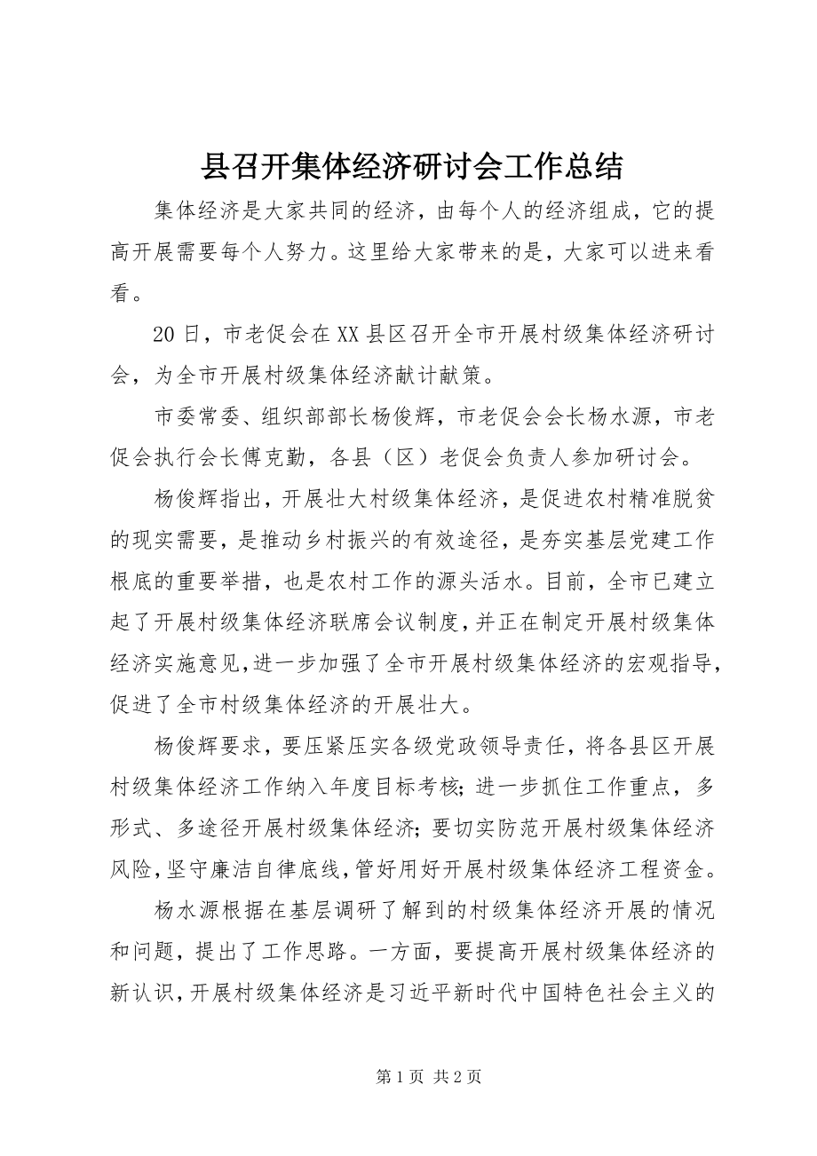 2023年县召开集体经济研讨会工作总结.docx_第1页