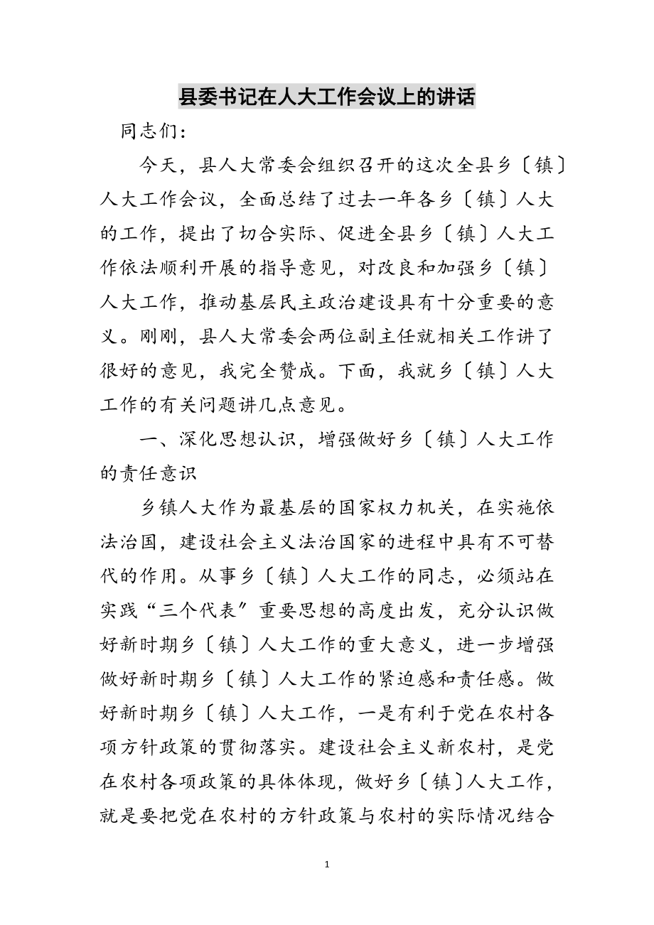 2023年县委书记在人大工作会议上的讲话范文.doc_第1页