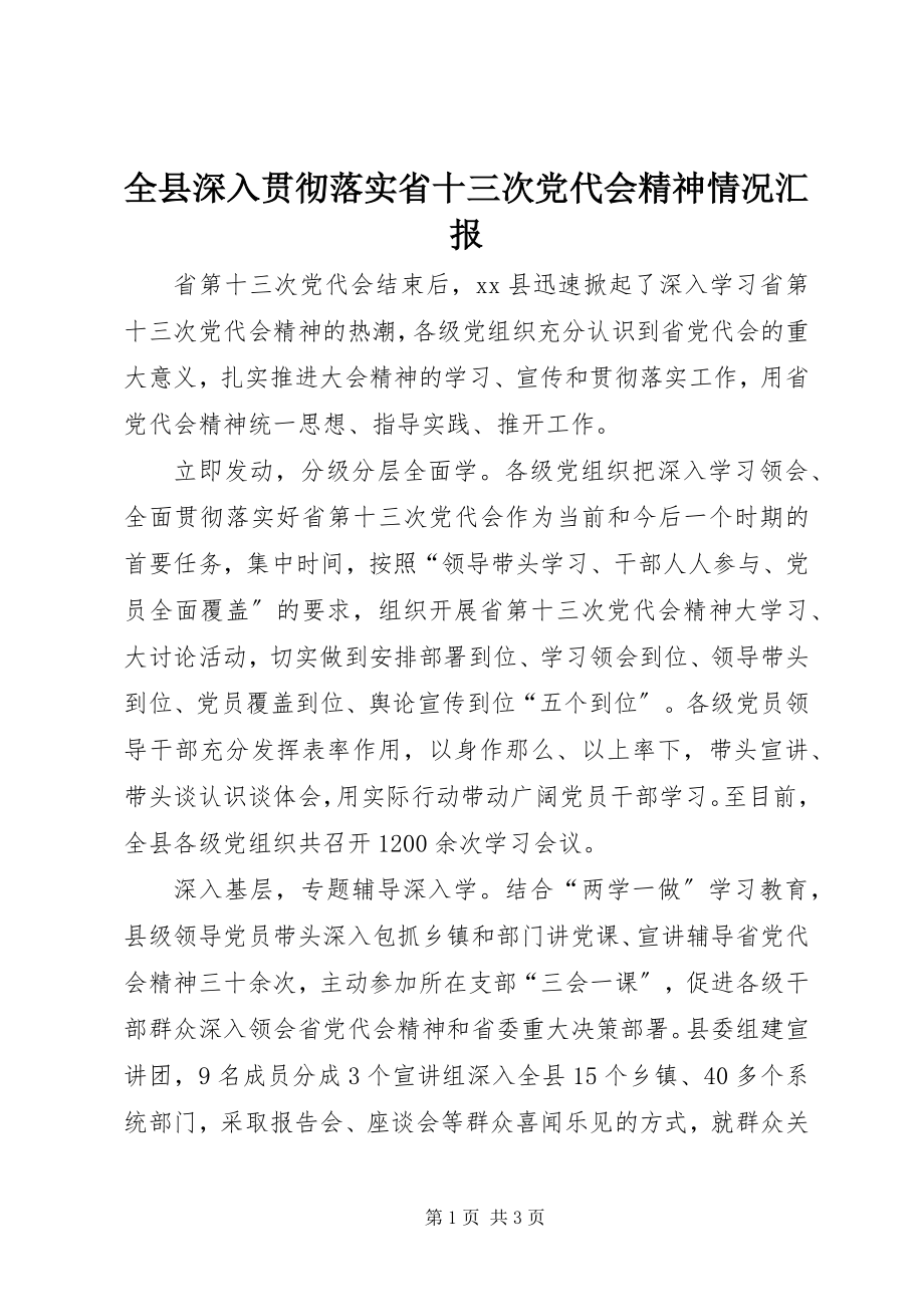 2023年全县深入贯彻落实省十三次党代会精神情况汇报.docx_第1页