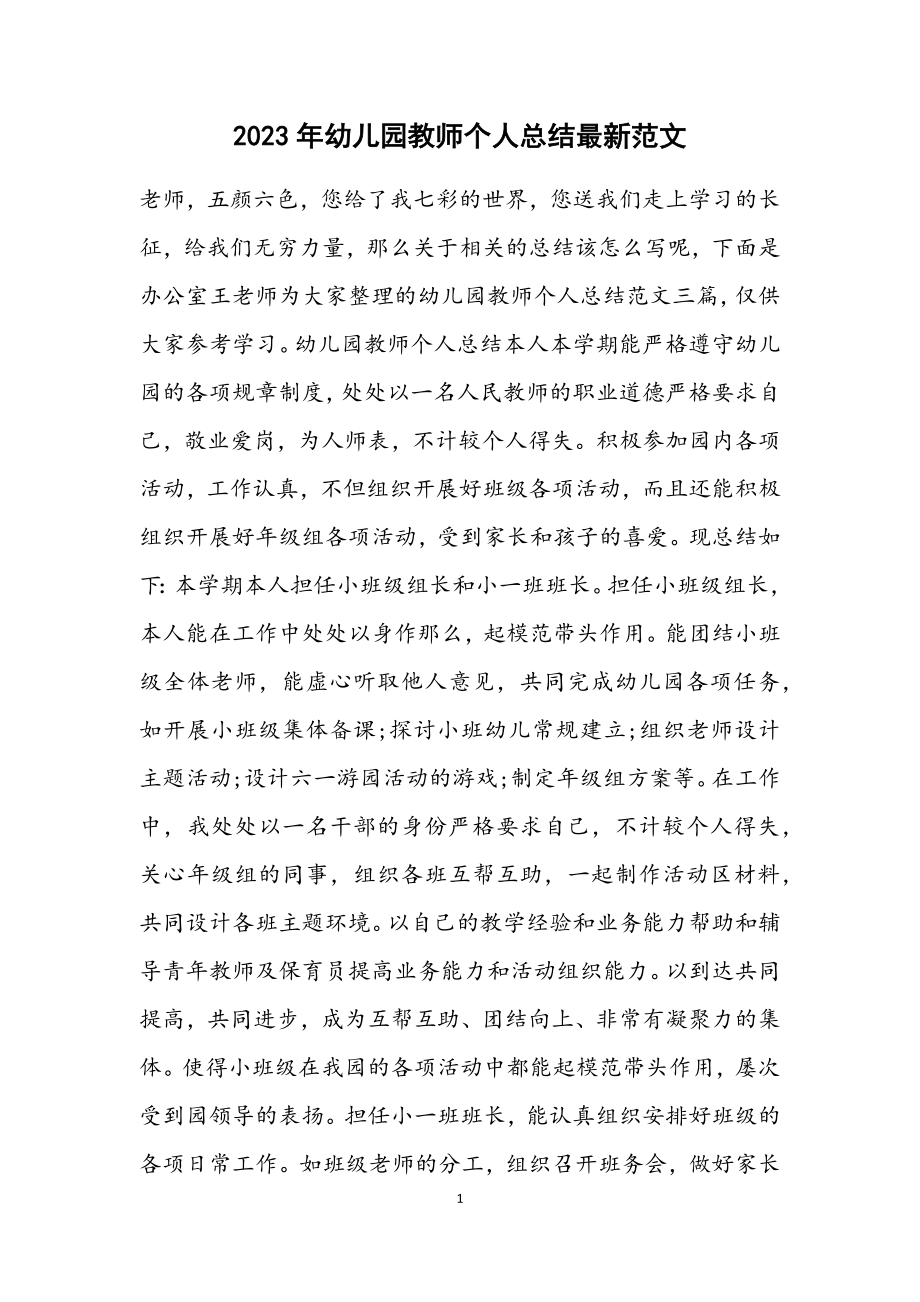 2023年幼儿园教师个人总结最新.docx_第1页