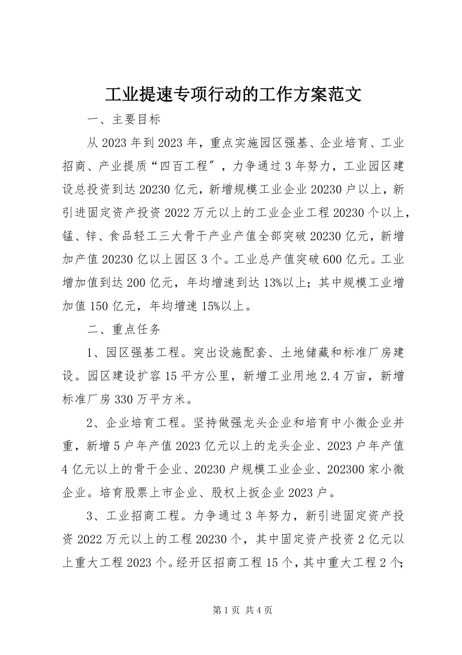 2023年工业提速专项行动的工作计划2.docx_第1页