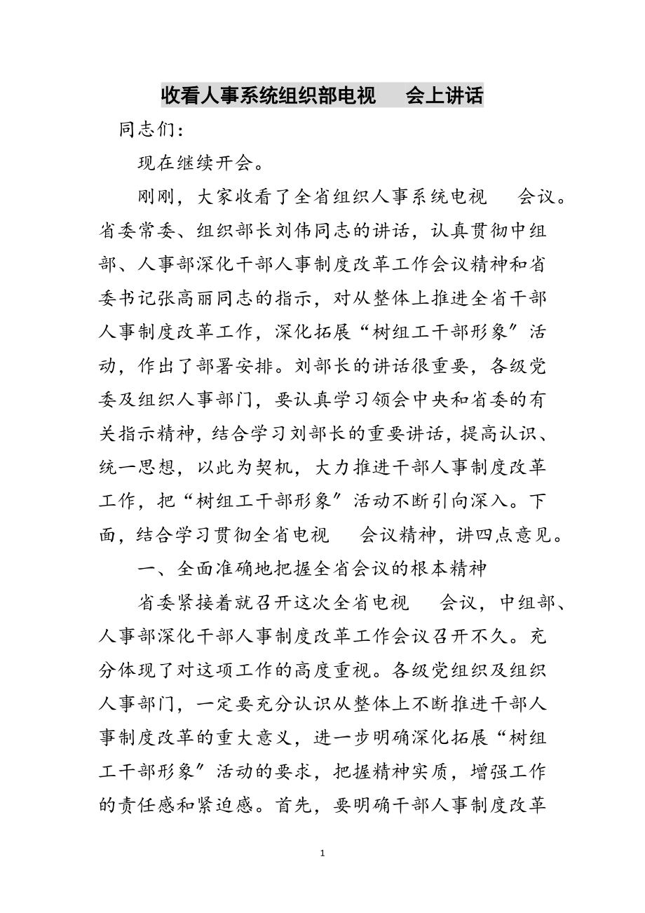 2023年收看人事系统组织部电视电话会上讲话范文.doc_第1页