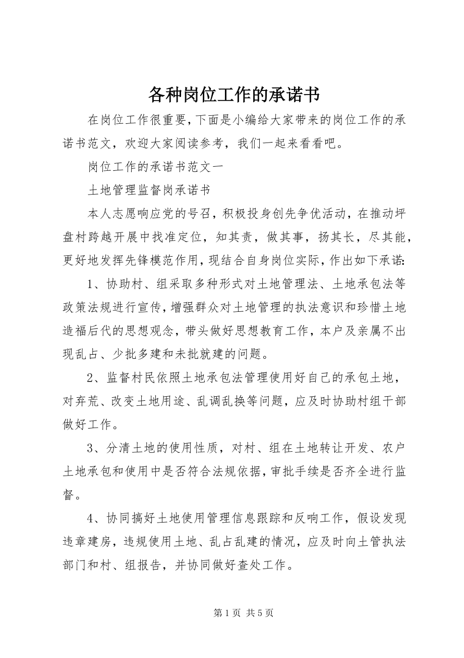 2023年各种岗位工作的承诺书.docx_第1页