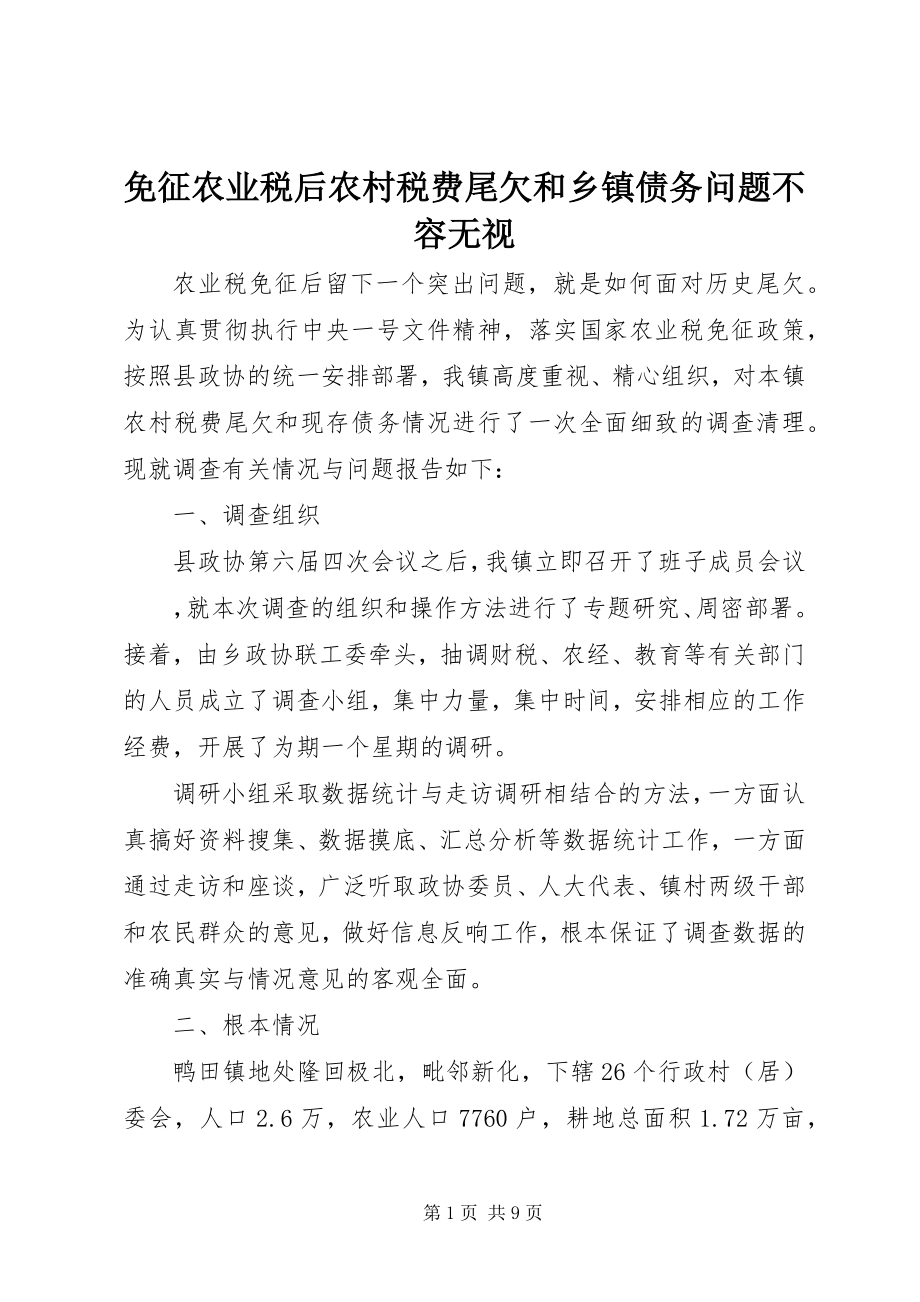 2023年免征农业税后农村税费尾欠和乡镇债务问题不容忽视.docx_第1页