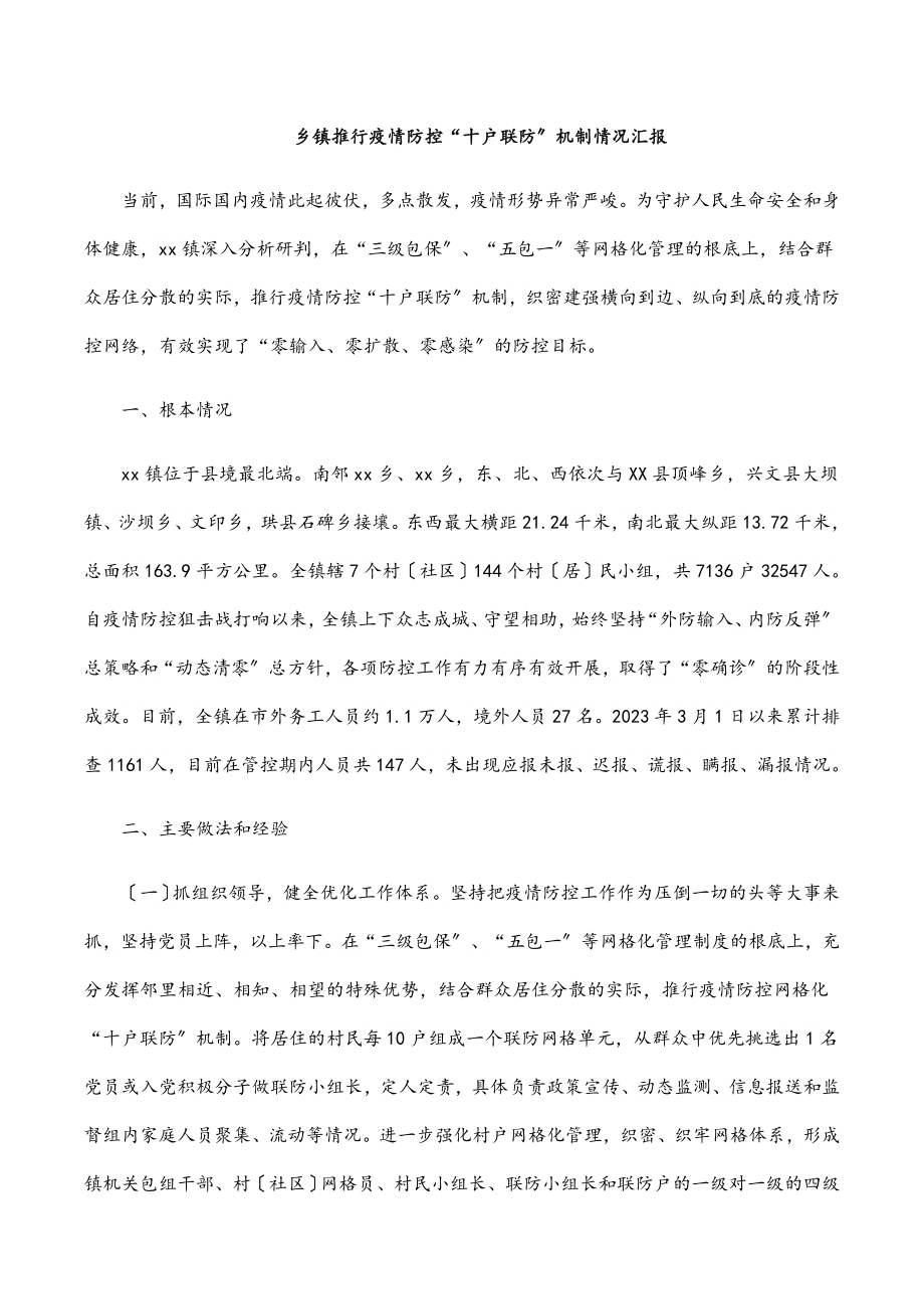 2023年乡镇推行疫情防控“十户联防”机制情况汇报.docx_第1页