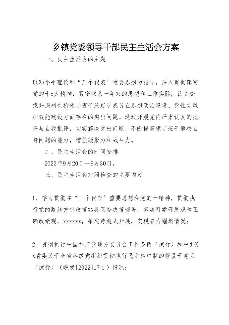 2023年乡镇党委领导干部民主生活会方案 5.doc_第1页