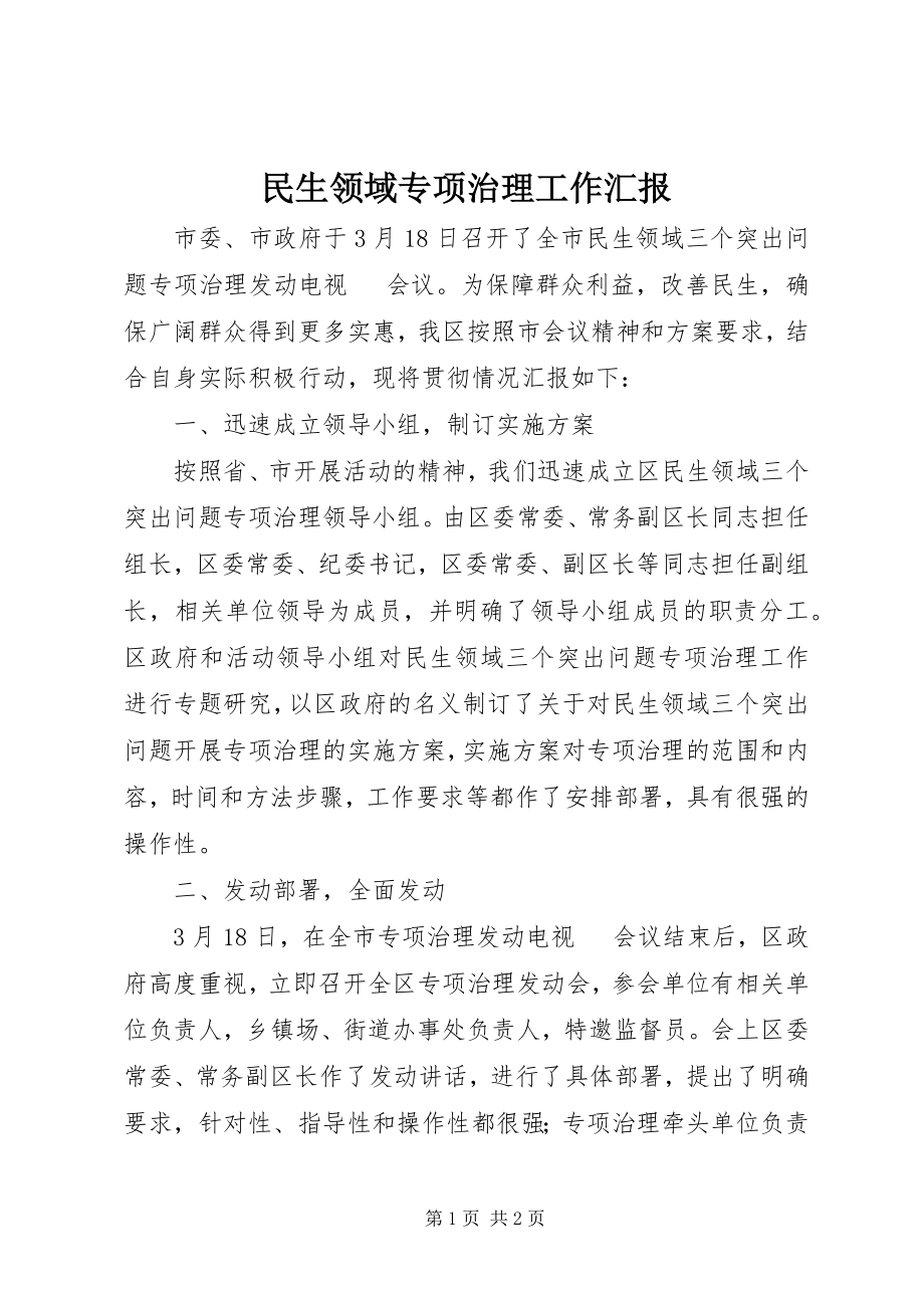 2023年民生领域专项治理工作汇报.docx_第1页