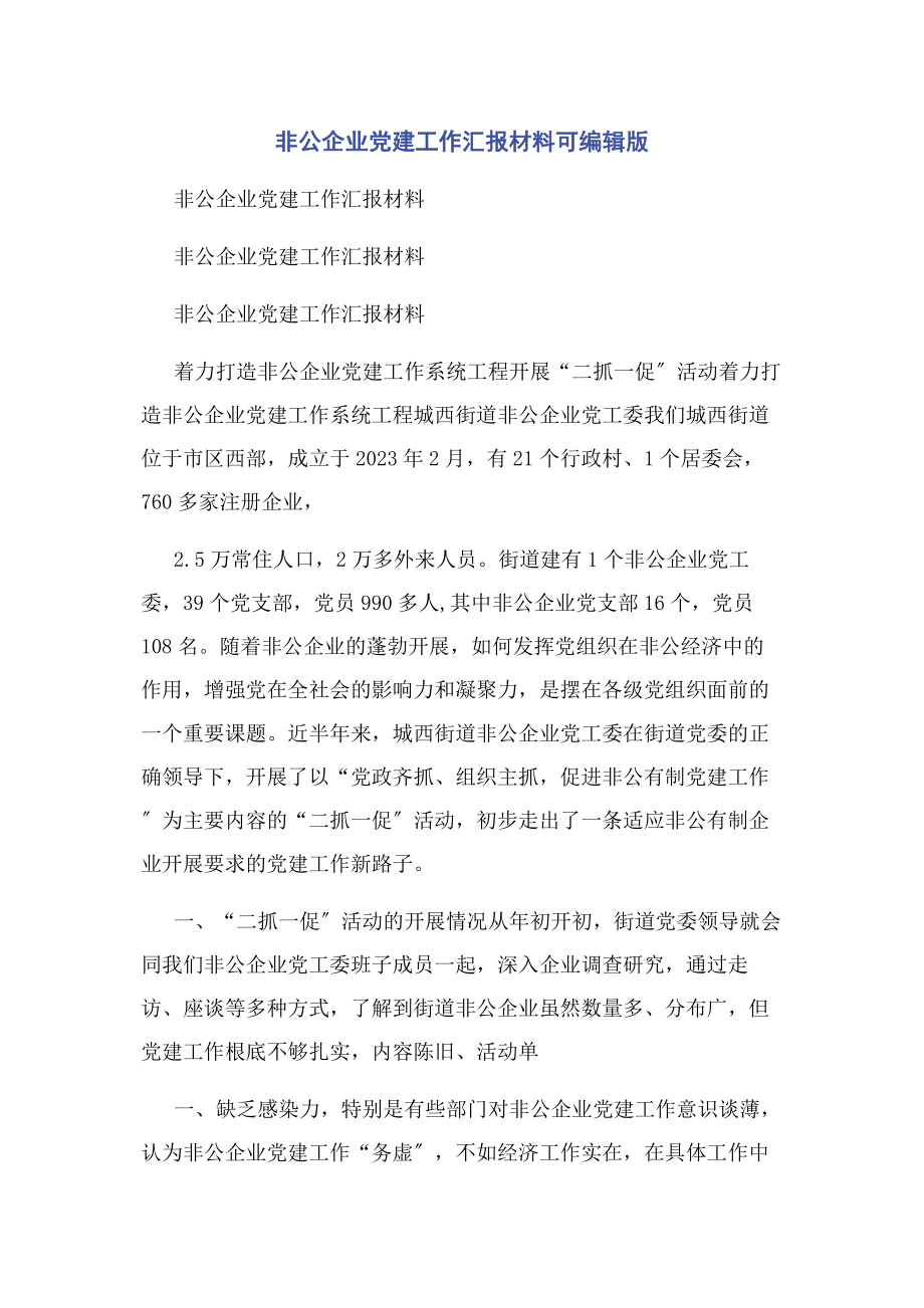 2023年非公企业党建工作汇报材料可编辑版.docx_第1页