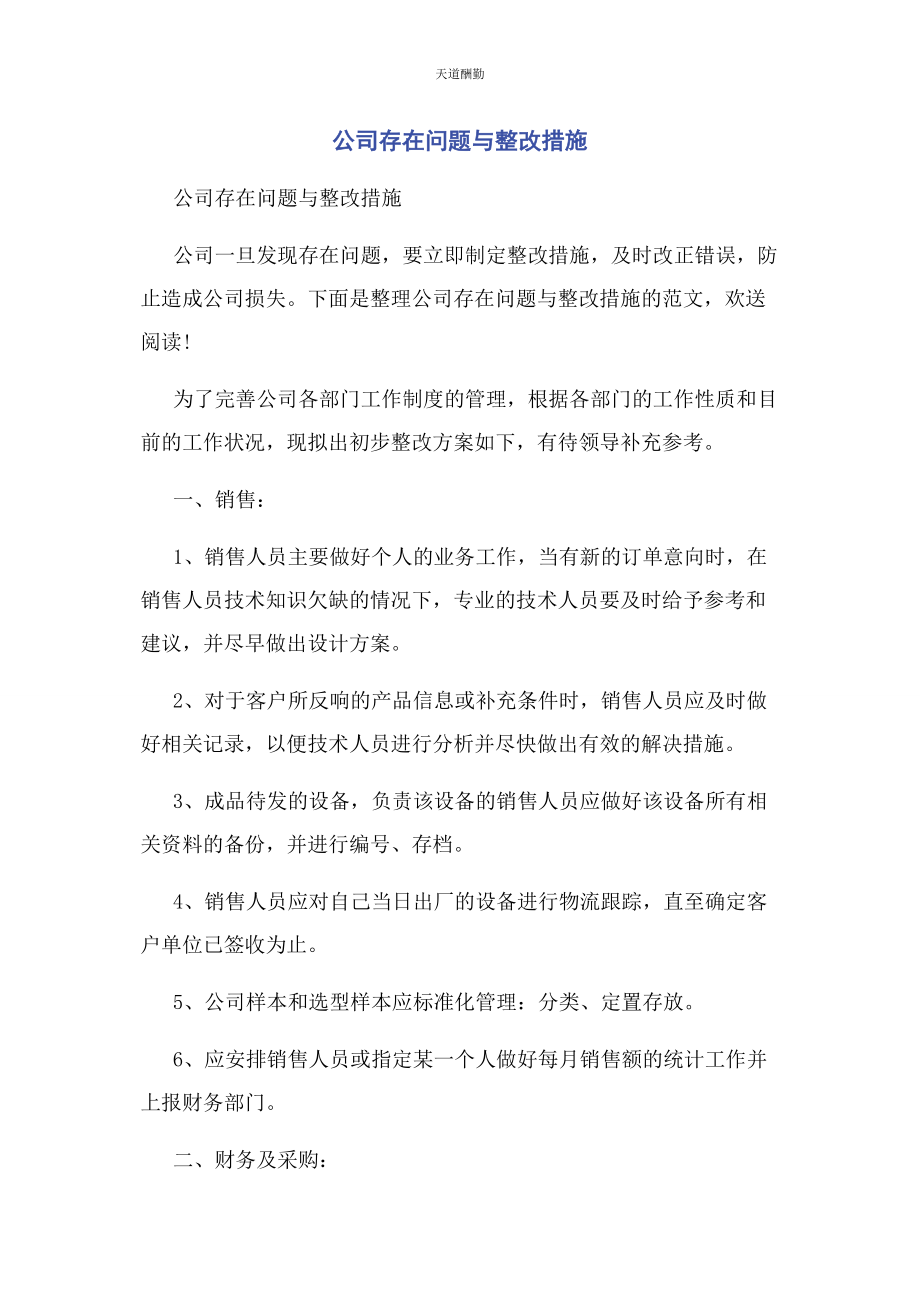 2023年公司存在问题与整改措施.docx_第1页