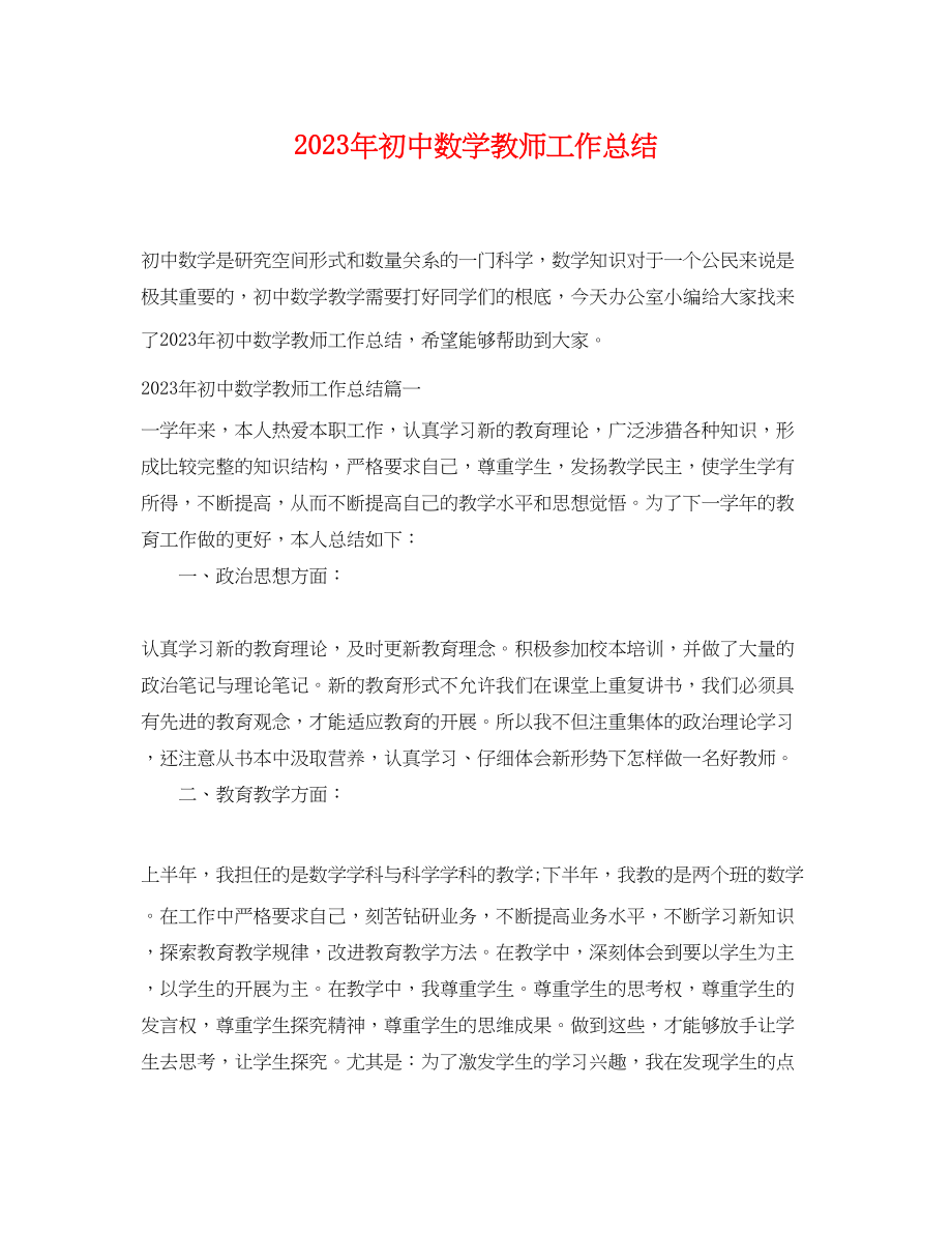 2023年初中数学教师工作总结.docx_第1页