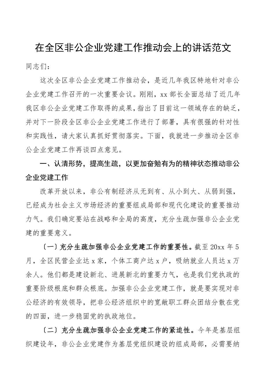 2023年在全区非公企业党建工作推进会上的讲话会议领导讲话.doc_第1页