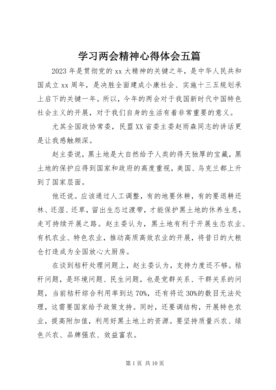 2023年学习两会精神心得体会五篇.docx_第1页