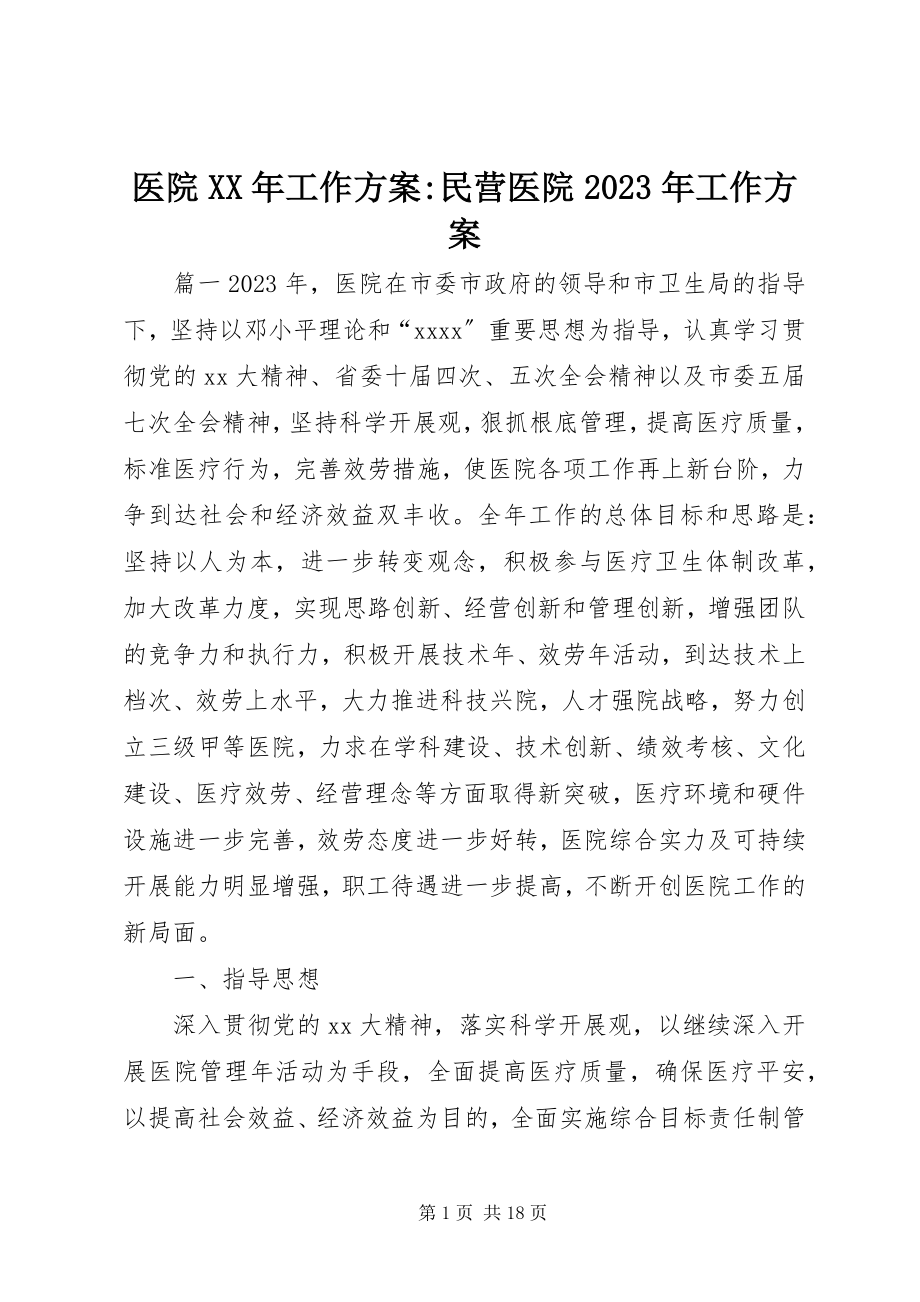 2023年医院工作计划民营医院工作计划.docx_第1页