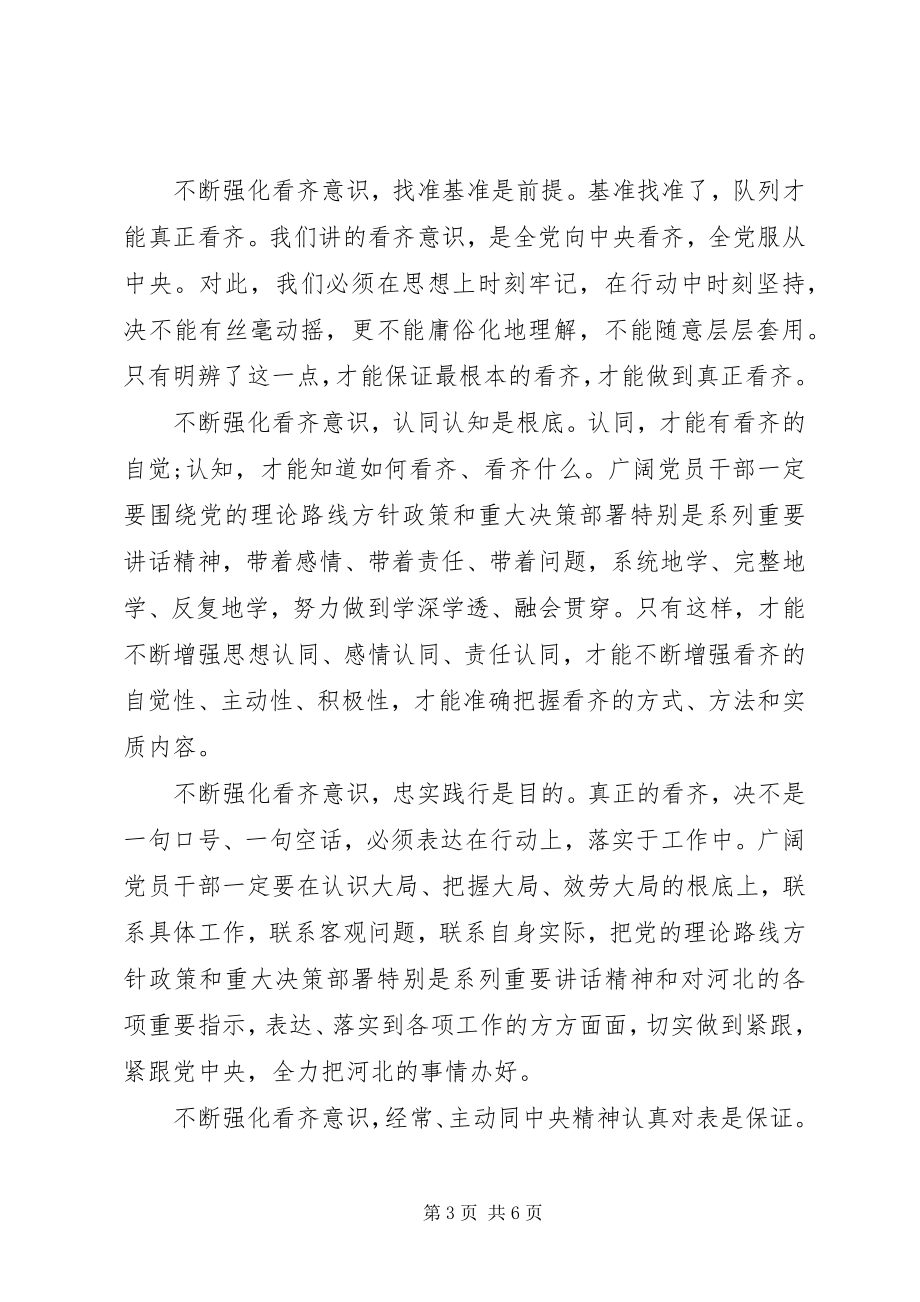 2023年讲看齐见行动第一次专题讨论讲话材料.docx_第3页