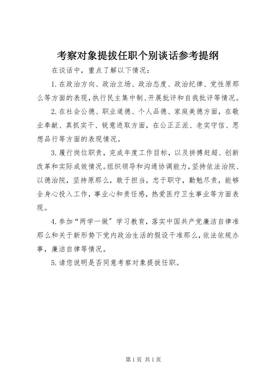 2023年考察对象提拔任职个别谈话参考提纲.docx_第1页