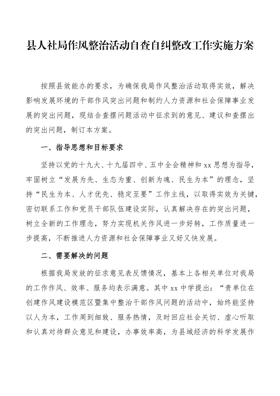 县人社局作风整治活动自查自纠整改工作实施方案.docx_第1页