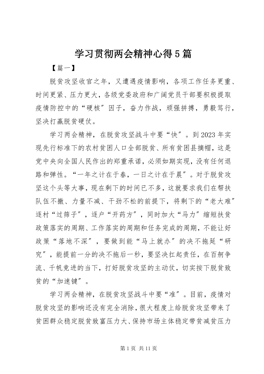 2023年学习贯彻两会精神心得5篇.docx_第1页