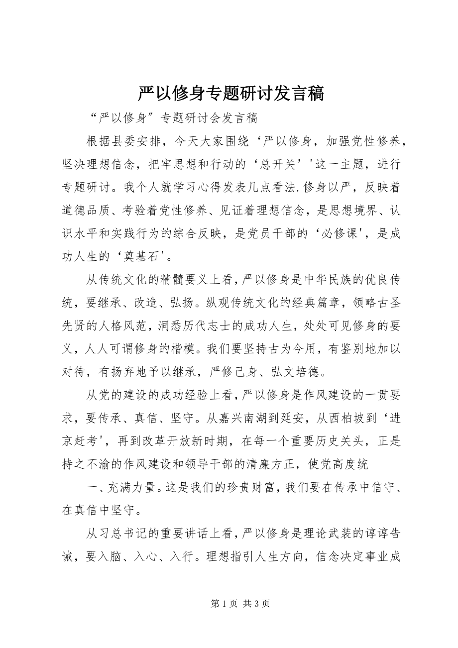 2023年严以修身专题研讨讲话稿.docx_第1页