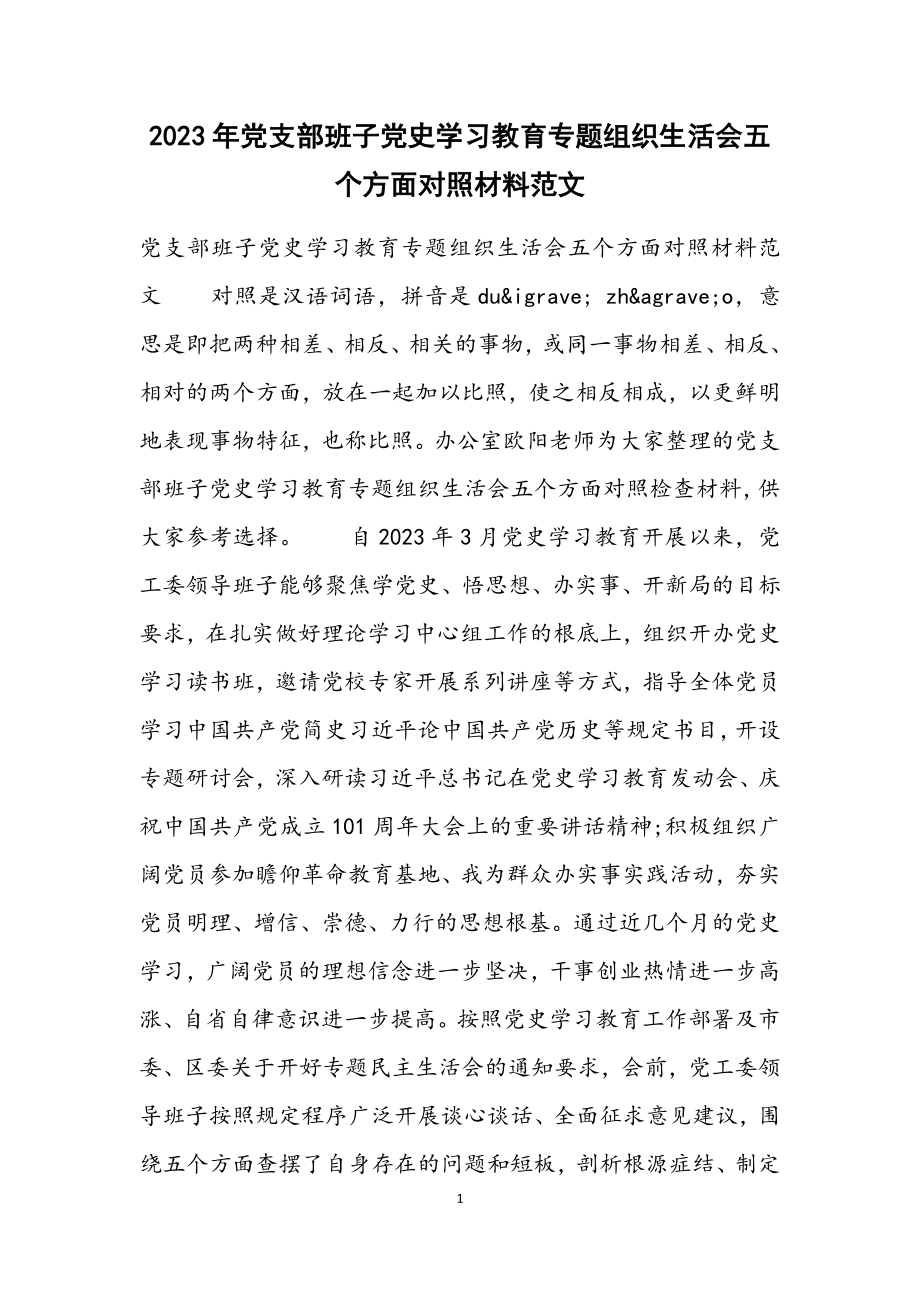 2023年党支部班子党史学习教育专题组织生活会五个方面对照材料.docx_第1页