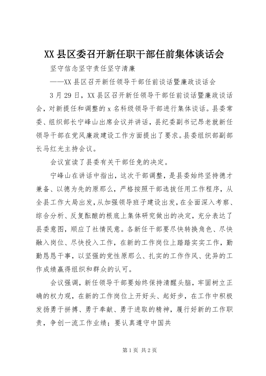 2023年XX县区委召开新任职干部任前集体谈话会新编.docx_第1页