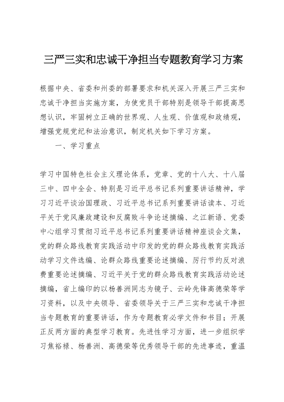 2023年三严三实和忠诚干净担当专题教育学习方案.doc_第1页