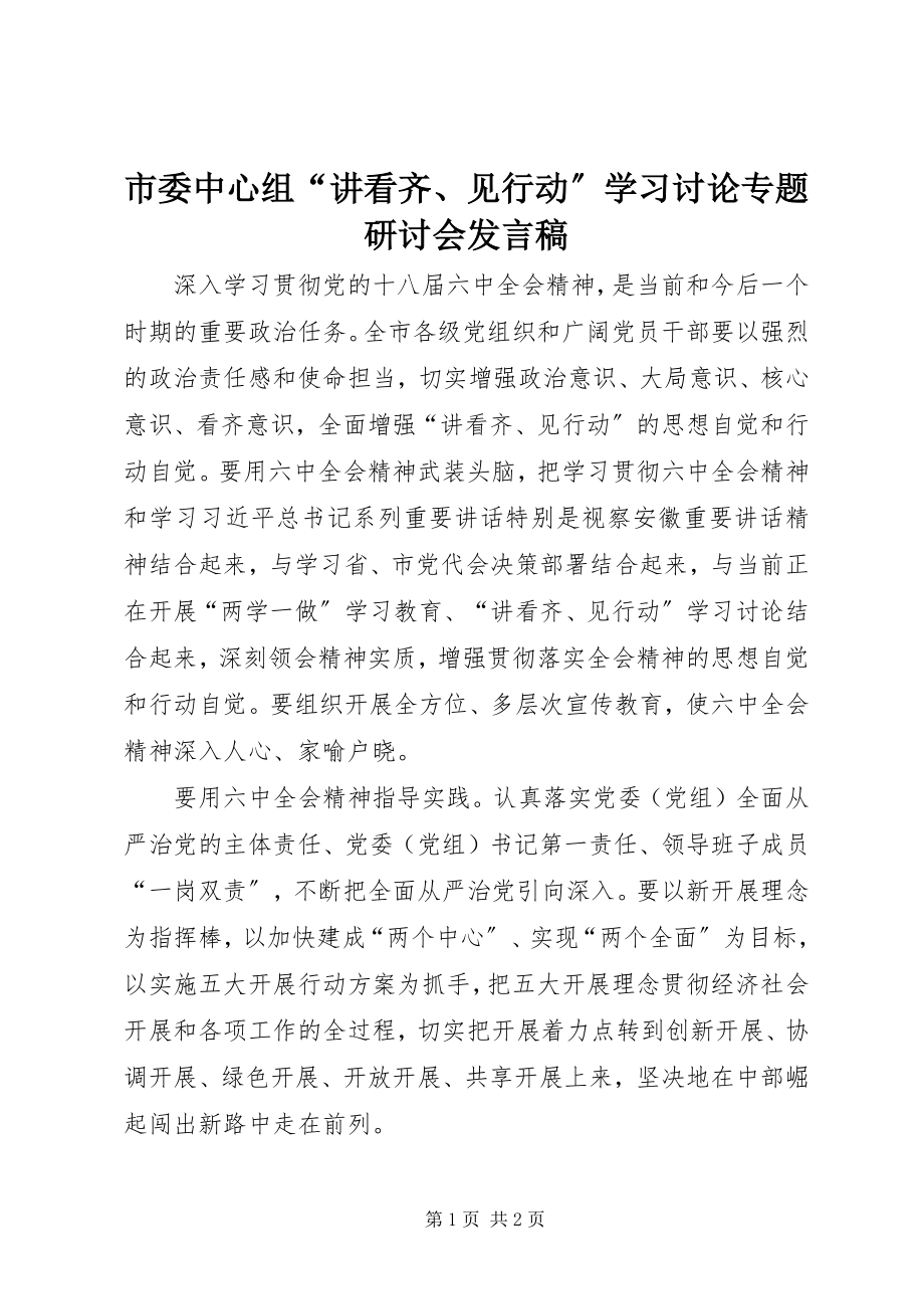 2023年市委中心组“讲看齐见行动”学习讨论专题研讨会讲话稿.docx_第1页