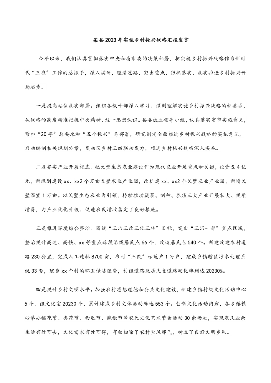 某县实施乡村振兴战略汇报发言范文.docx_第1页