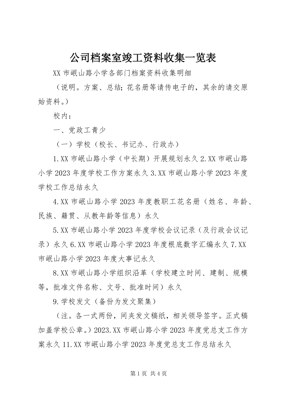 2023年公司档案室竣工资料收集一览表.docx_第1页