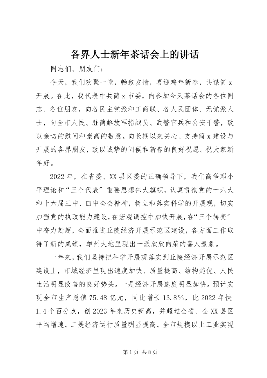 2023年各界人士新年茶话会上的致辞.docx_第1页