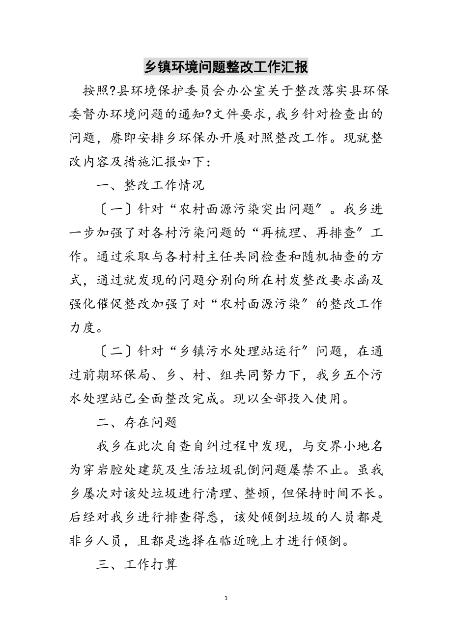 2023年乡镇环境问题整改工作汇报范文.doc_第1页