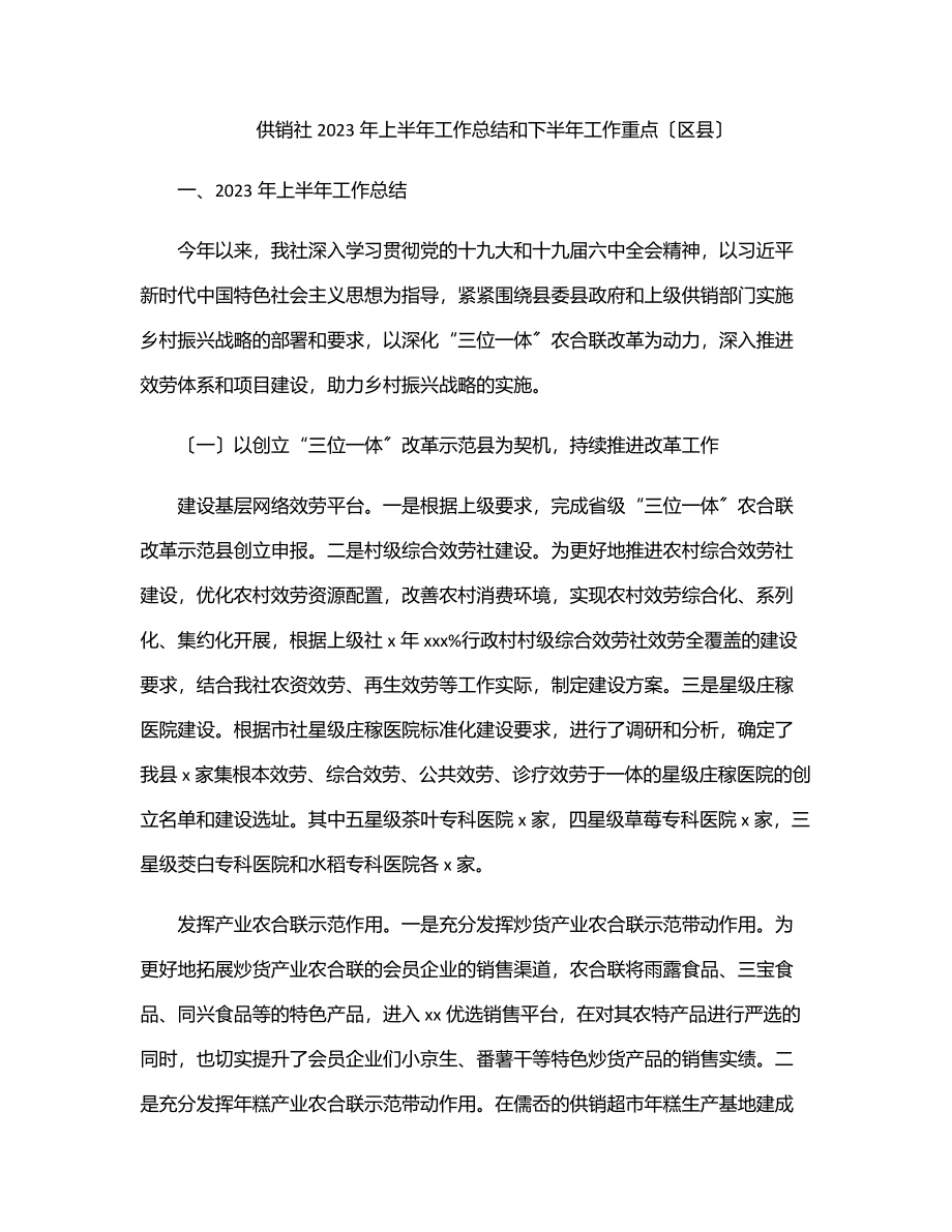 供销社上半年工作总结和下半年工作重点（区县）范文.docx_第1页