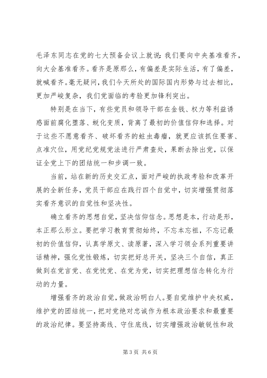 2023年讲看齐见行动第一次专题讨论讲话稿.docx_第3页