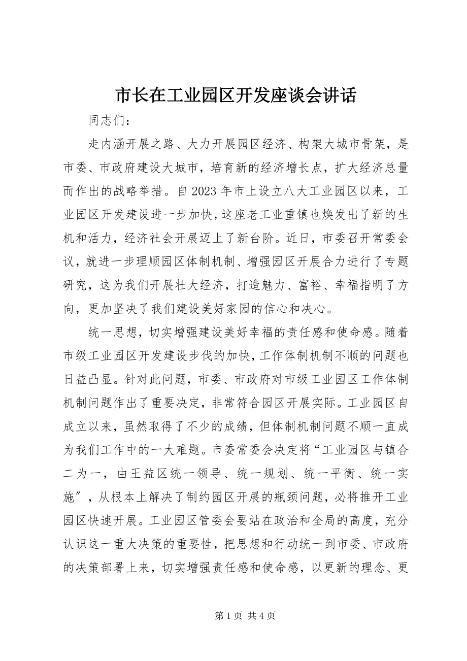 2023年市长在工业园区开发座谈会致辞.docx_第1页