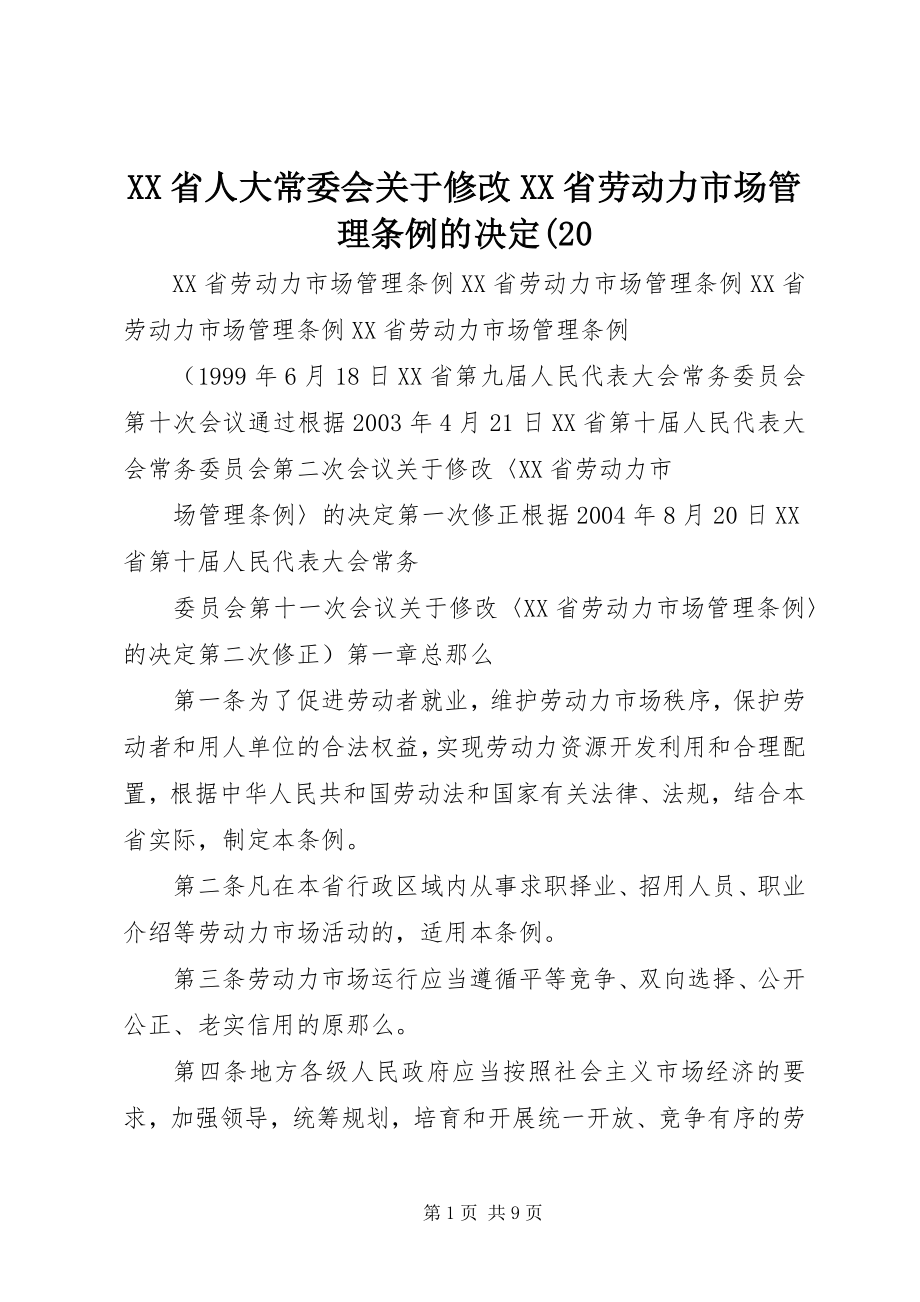 2023年XX省人大常委会关于修改《XX省劳动力市场管理条例》的决.docx_第1页