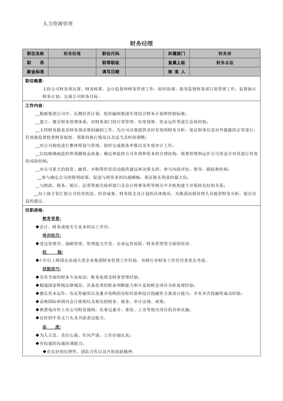 人力资源管理 企业管理 岗位说明 财务经理职能说明书.docx_第1页