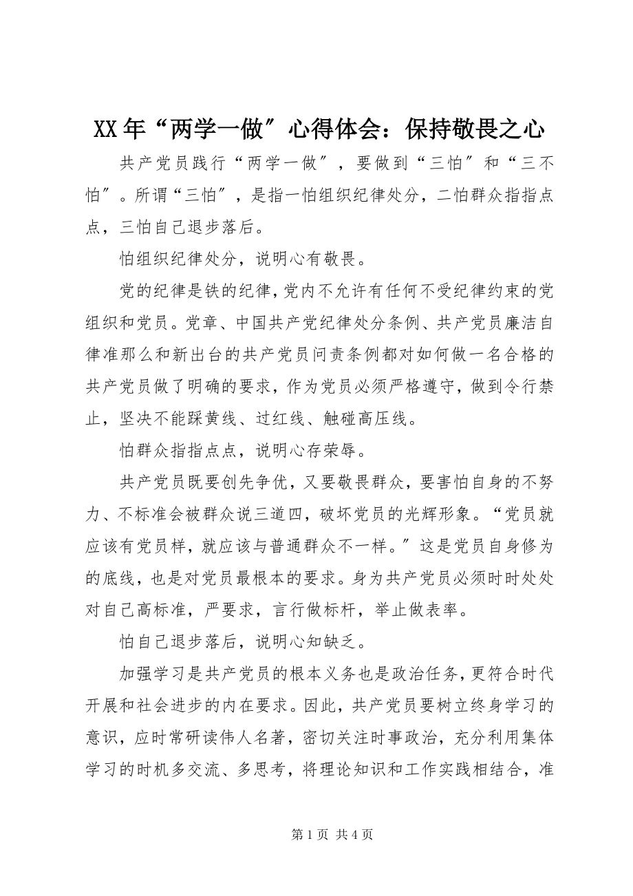 2023年“两学一做”心得体会保持敬畏之心.docx_第1页