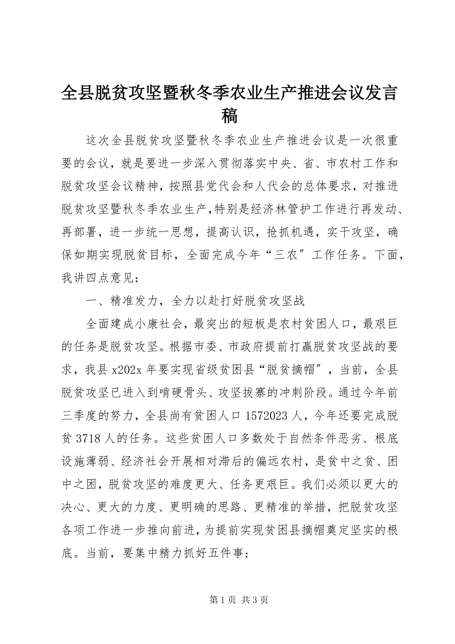 2023年全县脱贫攻坚暨秋冬季农业生产推进会议发言稿.docx_第1页