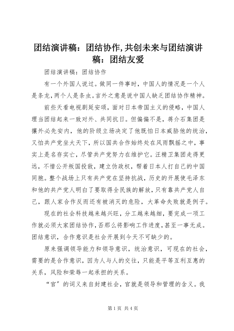 2023年团结演讲稿团结协作共创未来与团结演讲稿团结友爱.docx_第1页