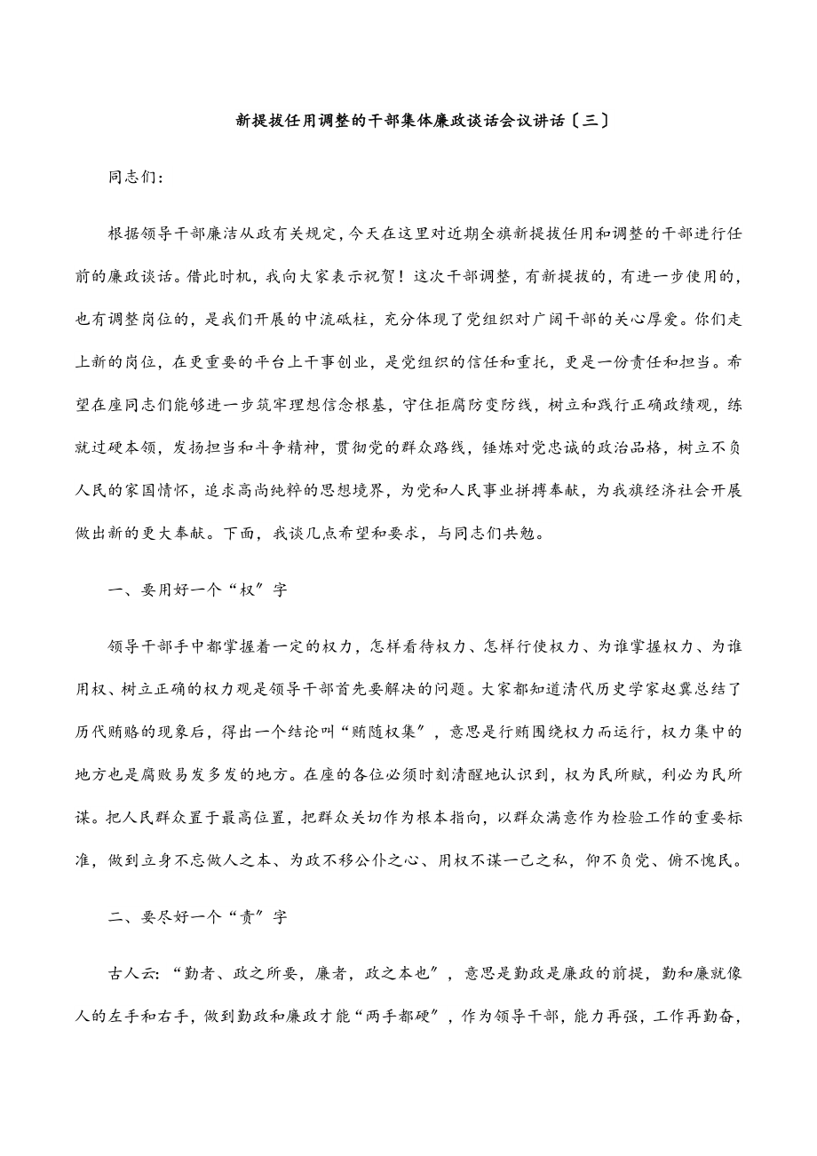 2023年新提拔任用调整的干部集体廉政谈话会议讲话（三）.docx_第1页