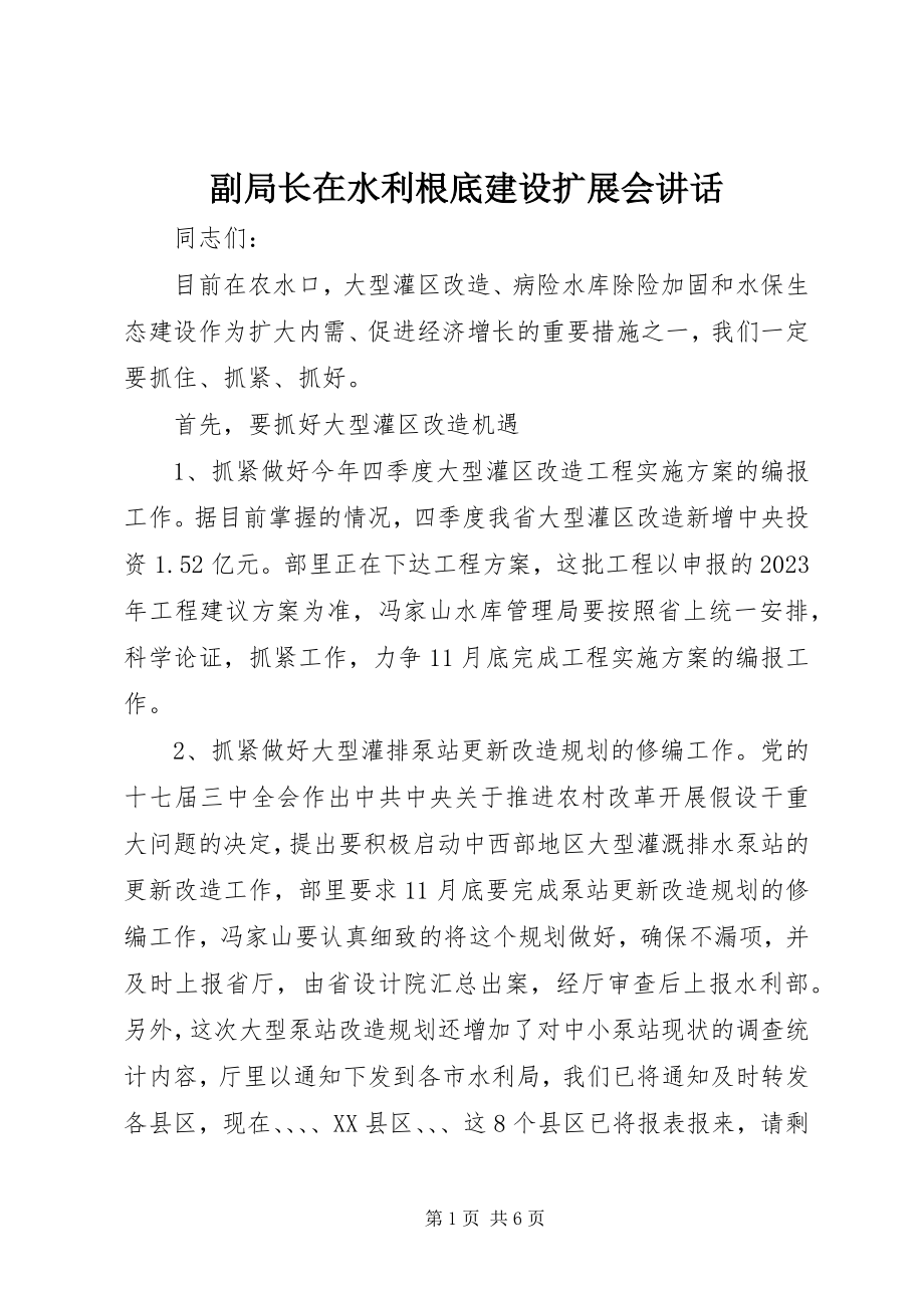 2023年副局长在水利基础建设扩展会致辞.docx_第1页