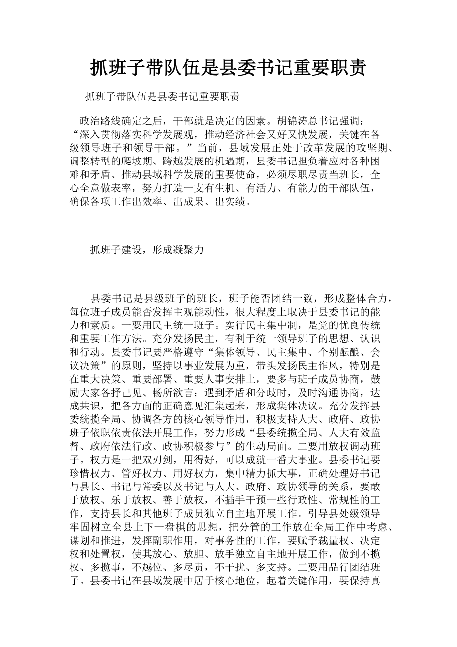 2023年抓班子带队伍是县委书记重要职责.doc_第1页