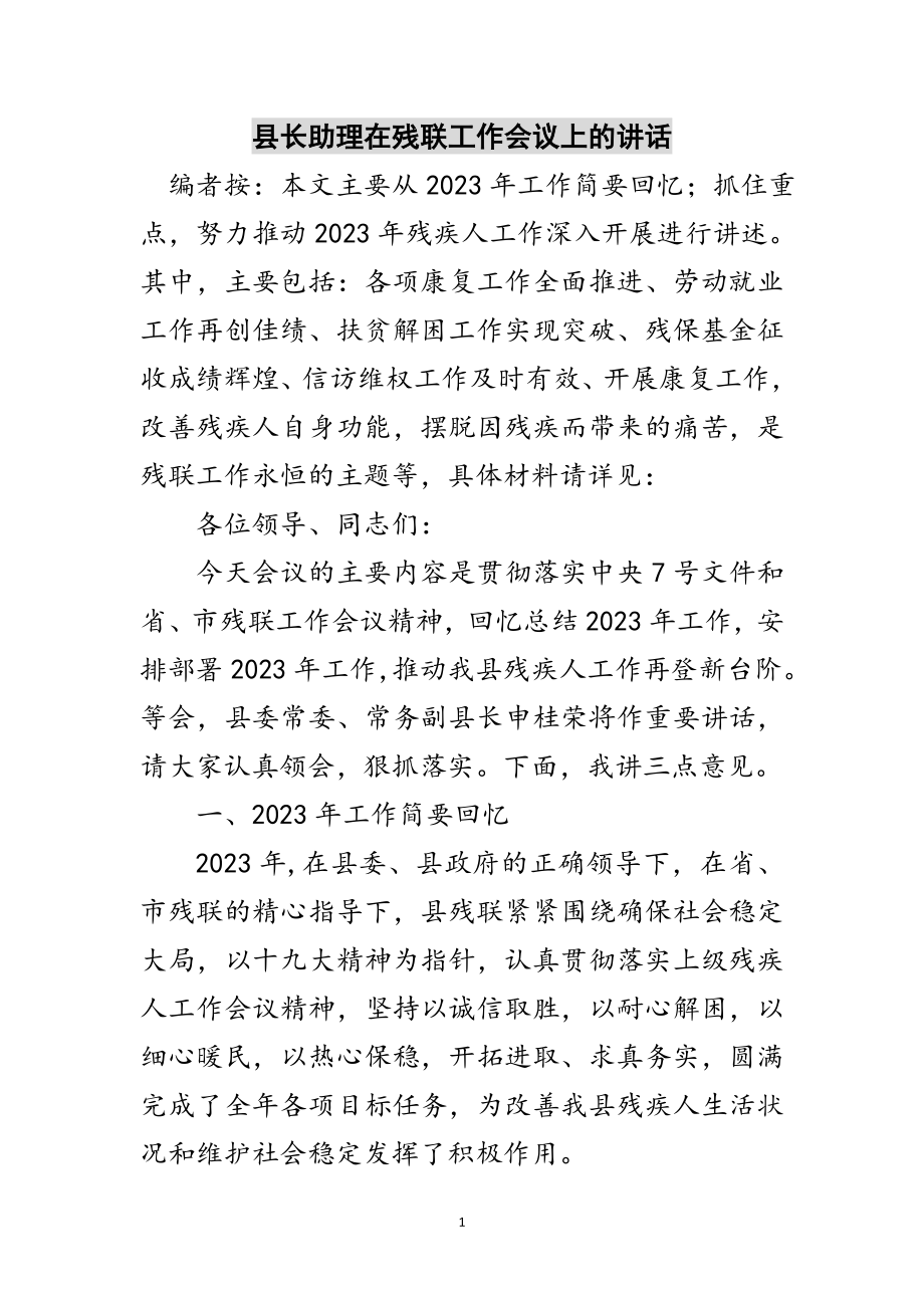 2023年县长助理在残联工作会议上的讲话范文.doc_第1页