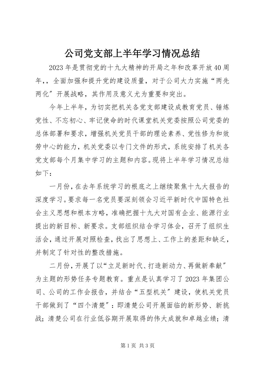 2023年公司党支部上半年学习情况总结.docx_第1页