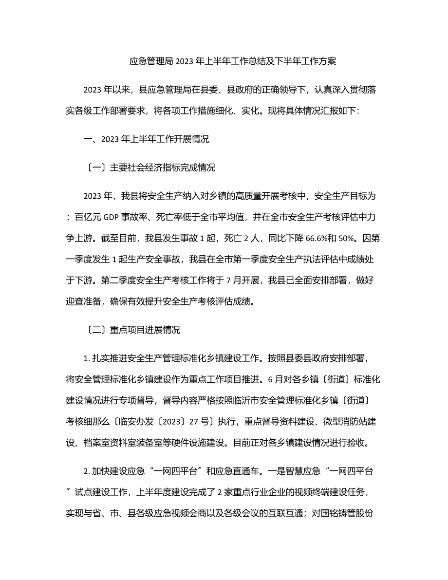 2023年应急管理局2023年上半年工作总结及下半年工作计划.docx_第1页