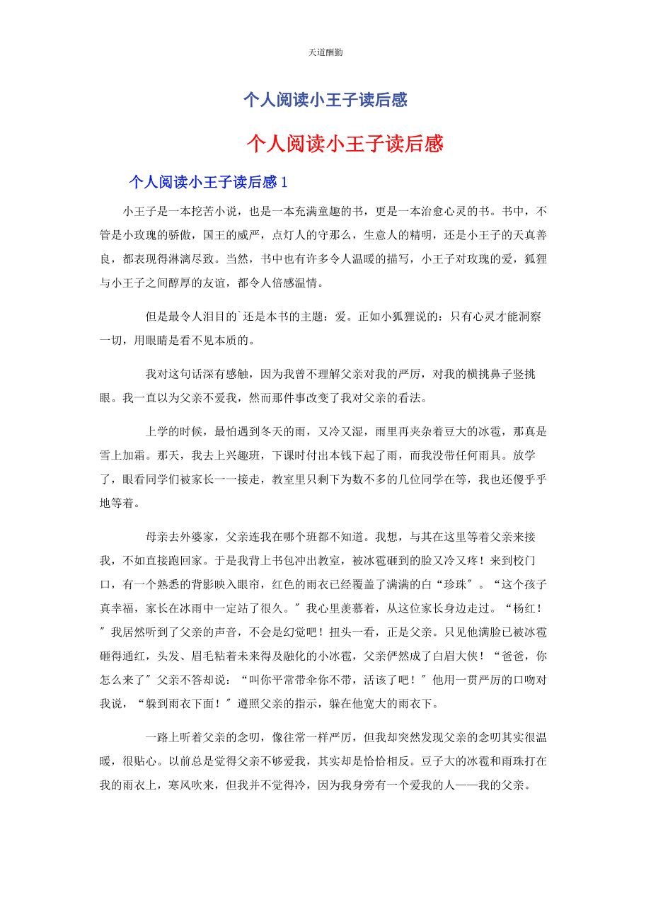 2023年个人阅读小王子读后感.docx_第1页