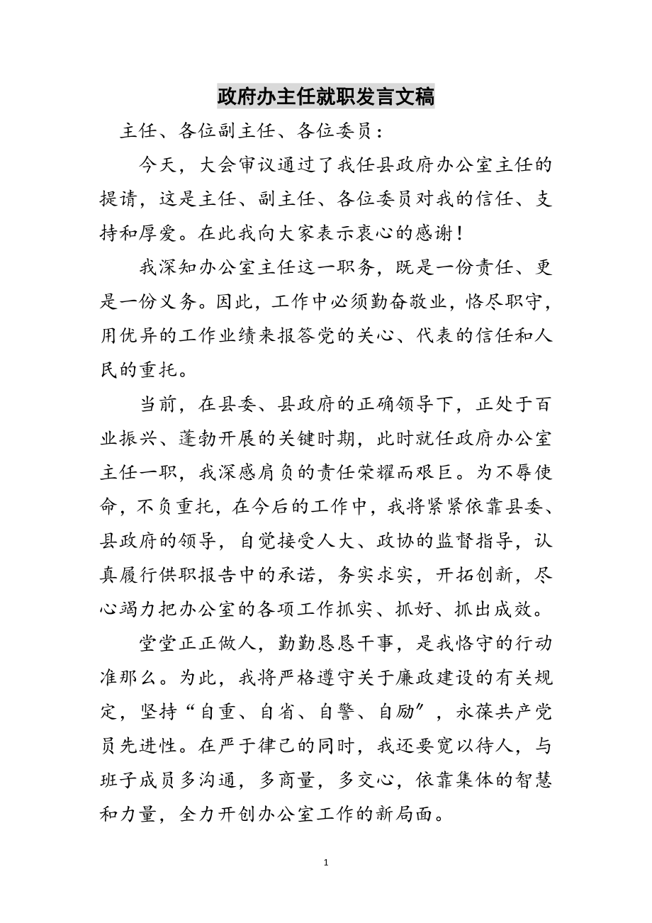 2023年政府办主任就职发言文稿范文.doc_第1页