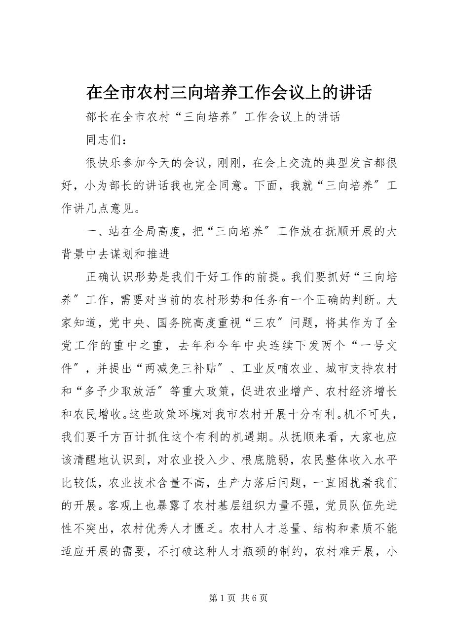 2023年在全市农村三向培养工作会议上的致辞.docx_第1页