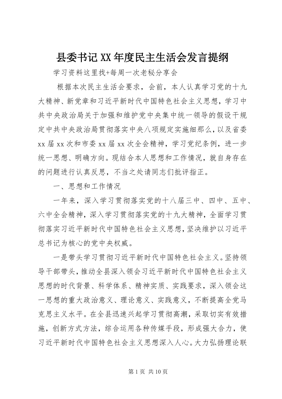 2023年县委书记度民主生活会讲话提纲.docx_第1页